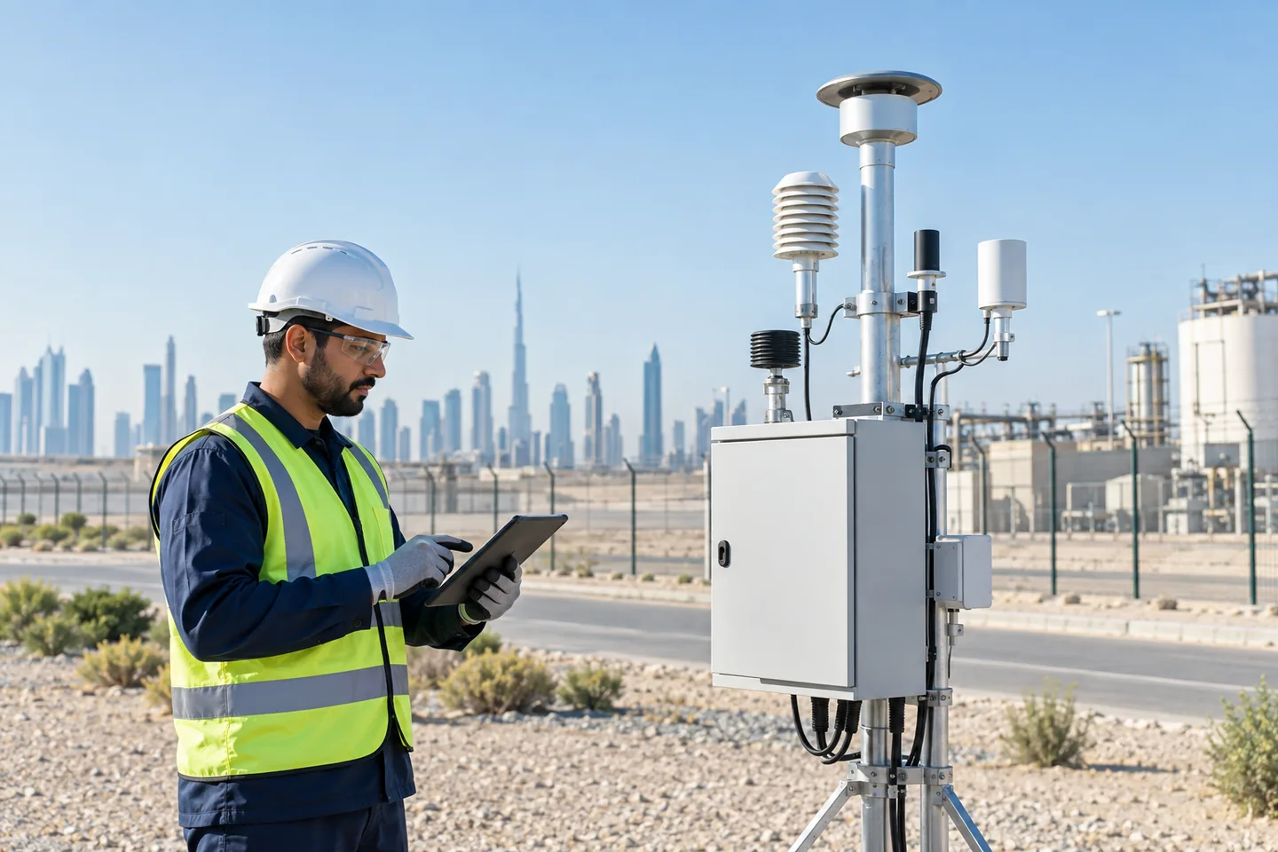 Environmental technician inspecting an ambient air quality monitoring station