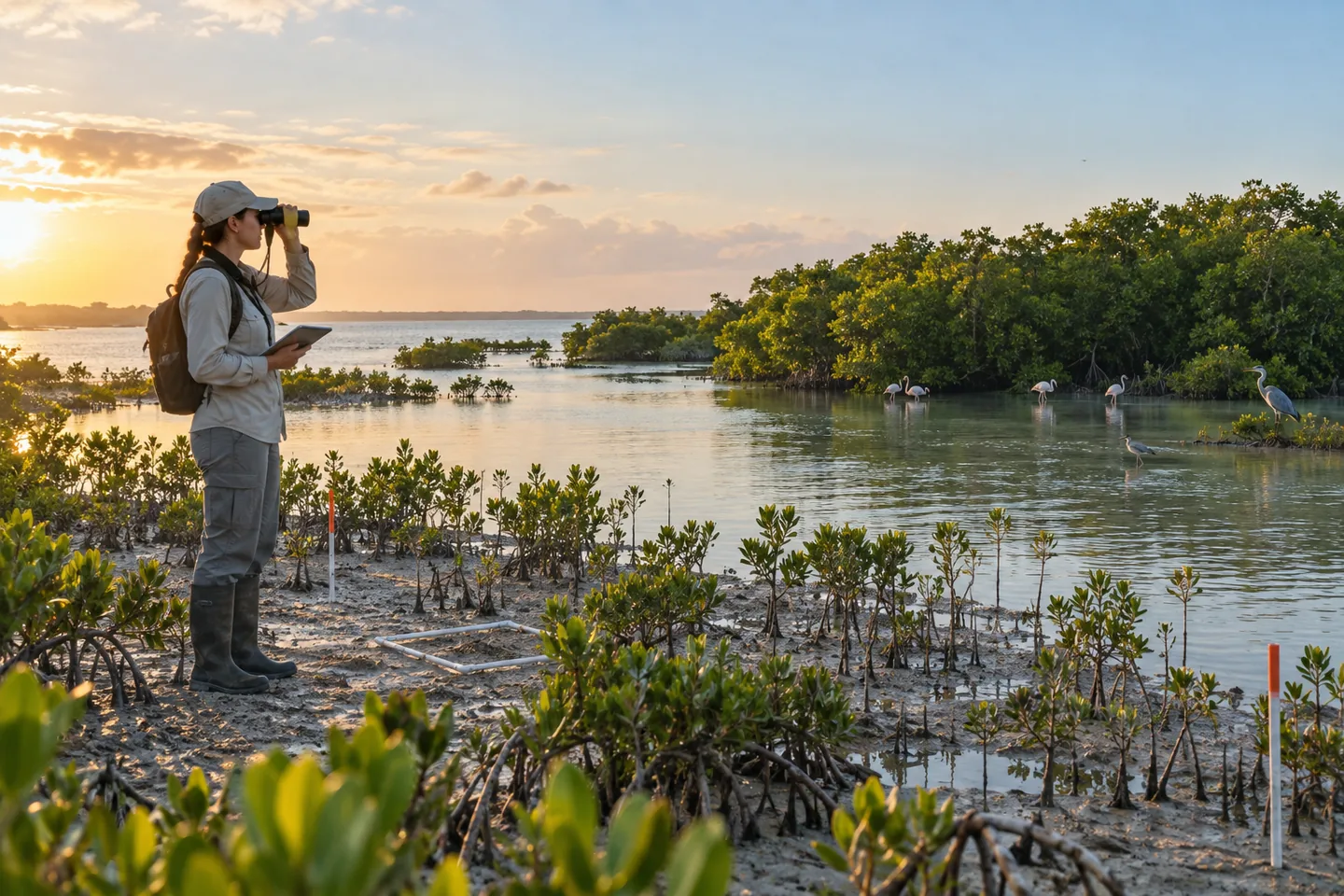 Field ecologist observing wildlife and habitat condition in a coastal wetland