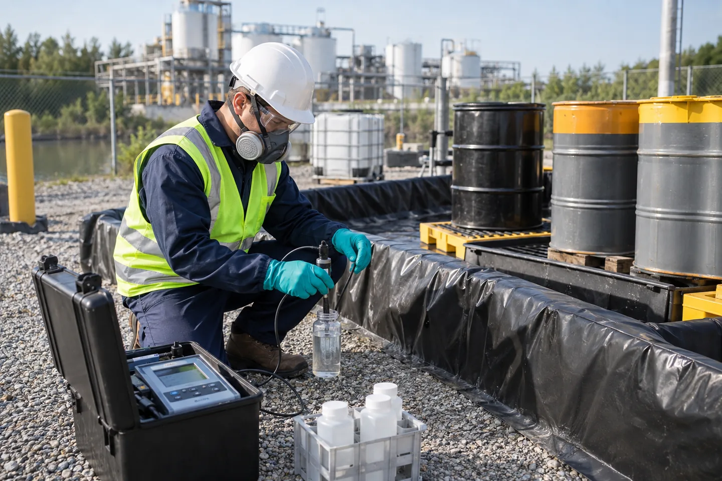 Specialist collecting a controlled sample at an industrial waste containment area