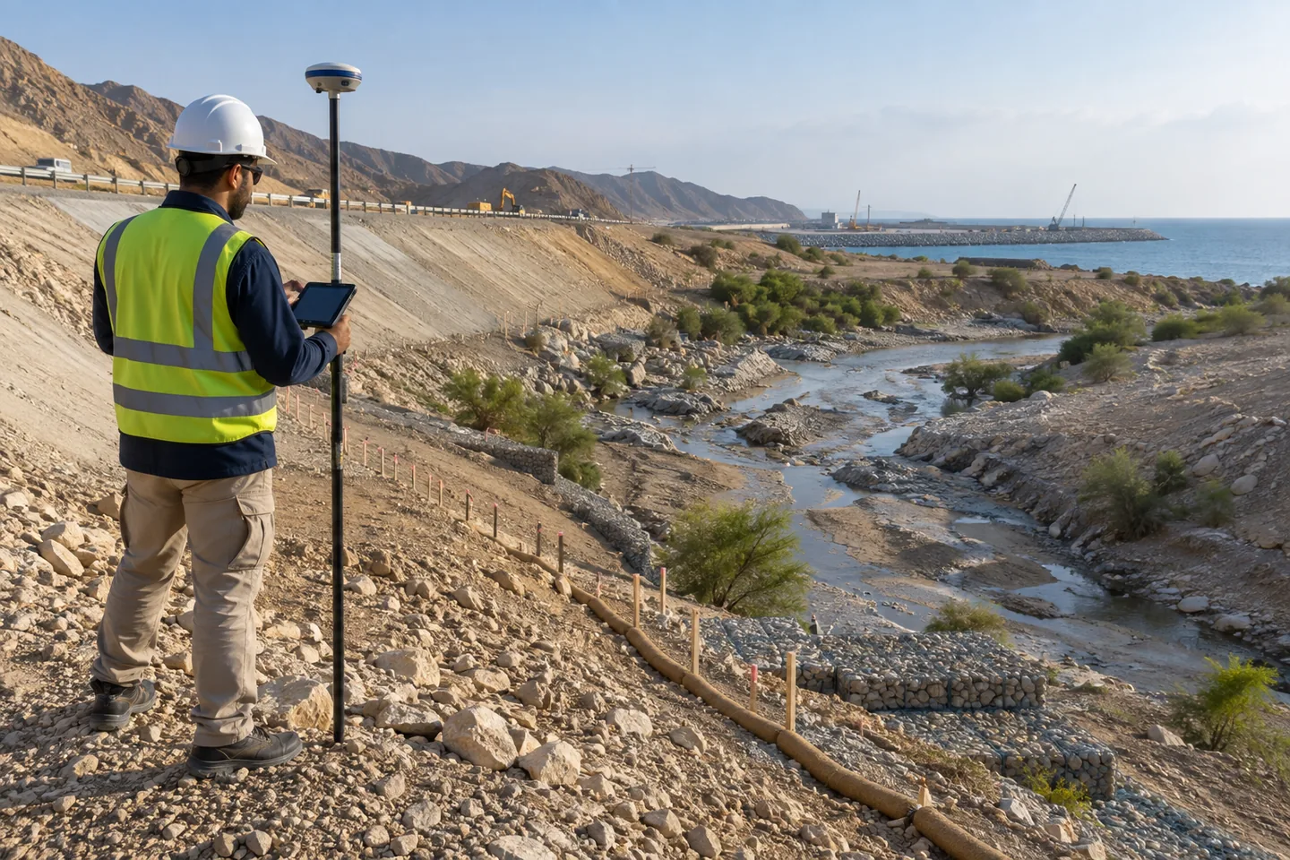 Surveyor using GNSS equipment to monitor erosion and land change