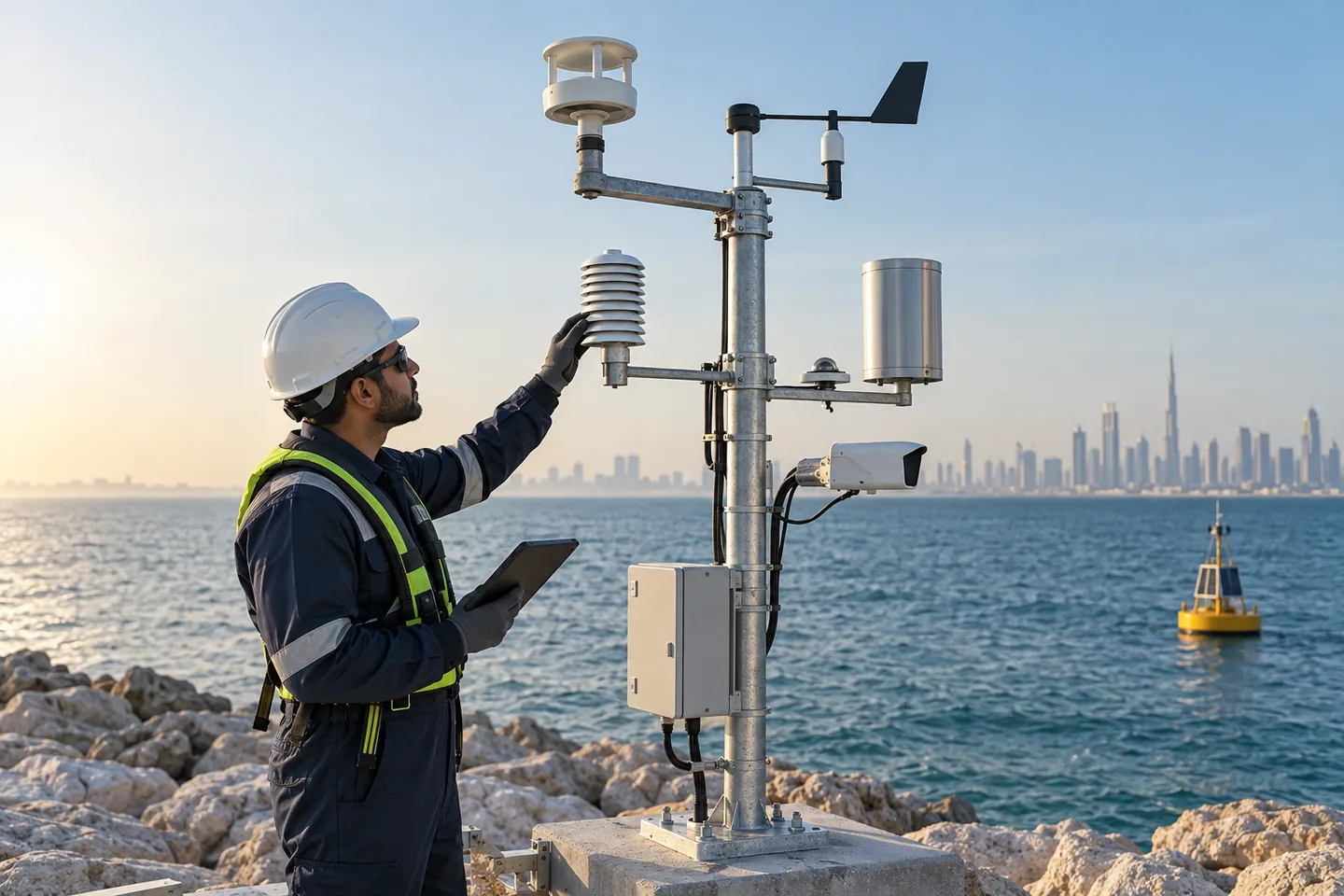 Technician inspecting an automatic weather station at a coastal monitoring site