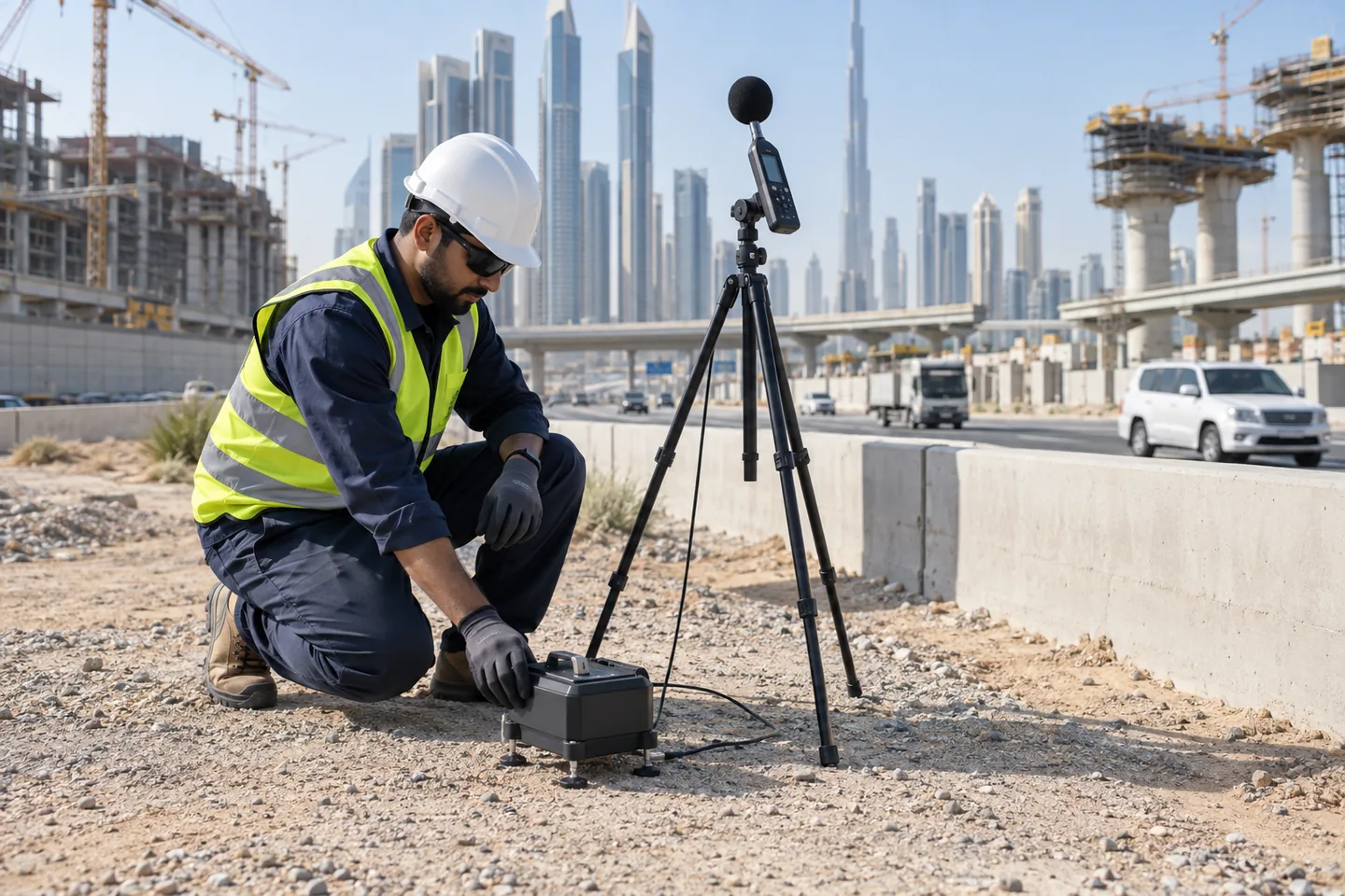 Environmental acoustics technician setting up noise and vibration monitoring equipment