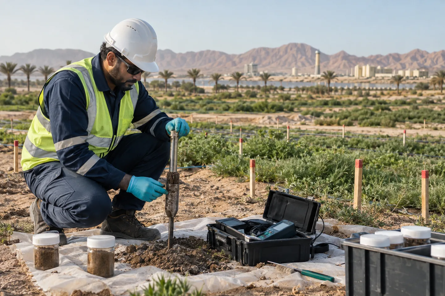 Environmental scientist collecting a controlled soil sample in the field