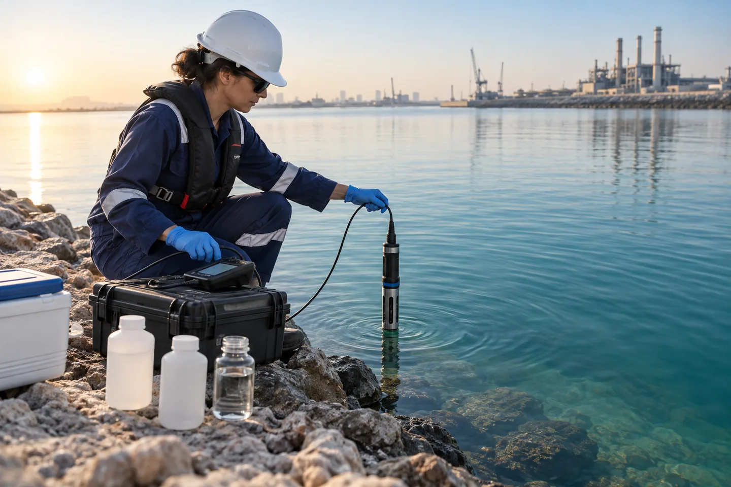 Environmental specialist measuring water quality with a multiparameter sonde