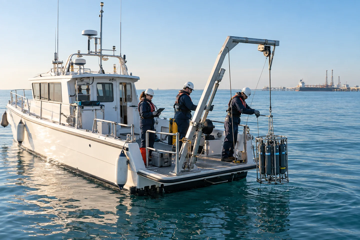 Marine environmental survey team deploying sampling equipment from a survey boat