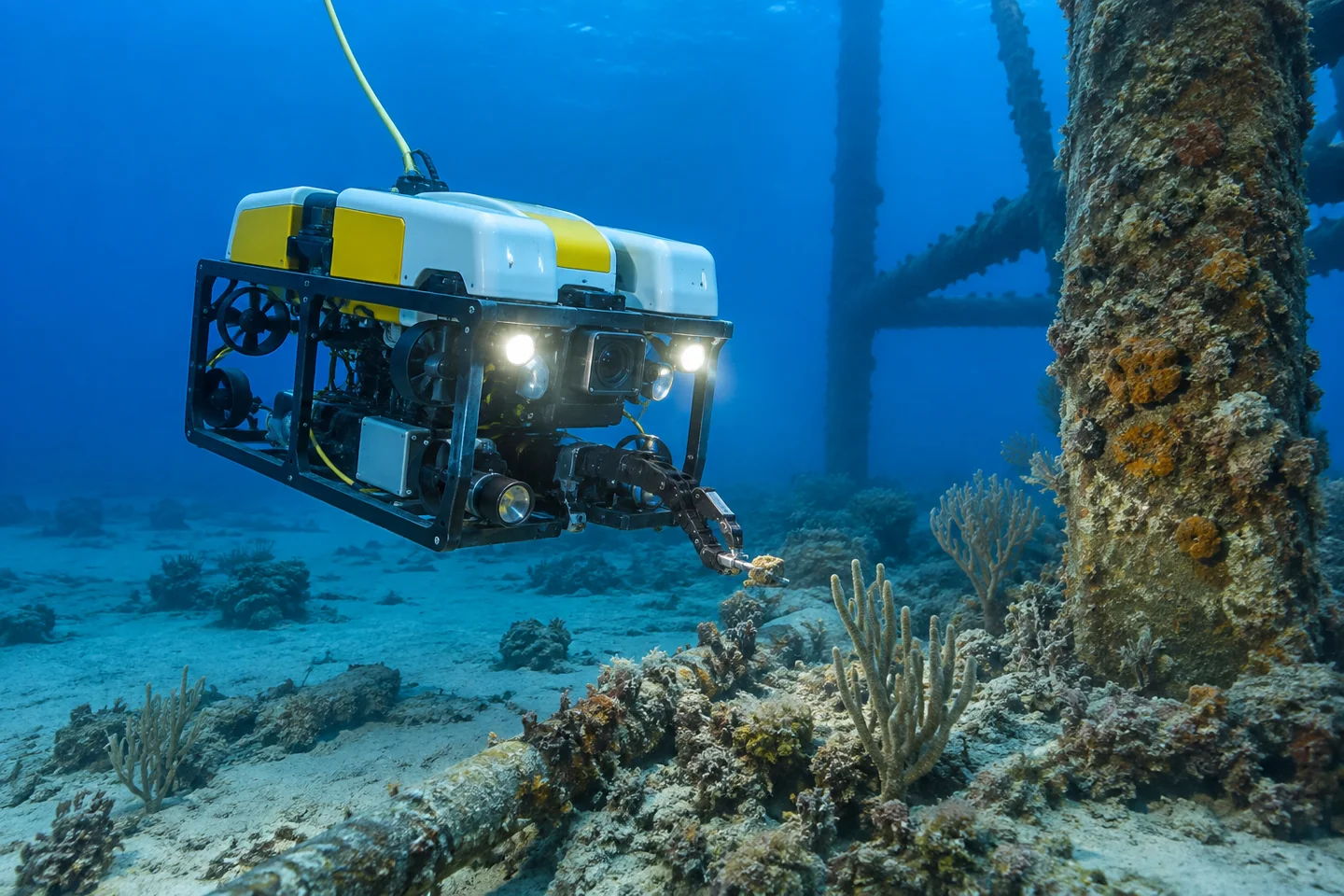Tethered remotely operated vehicle documenting subsea habitat and infrastructure