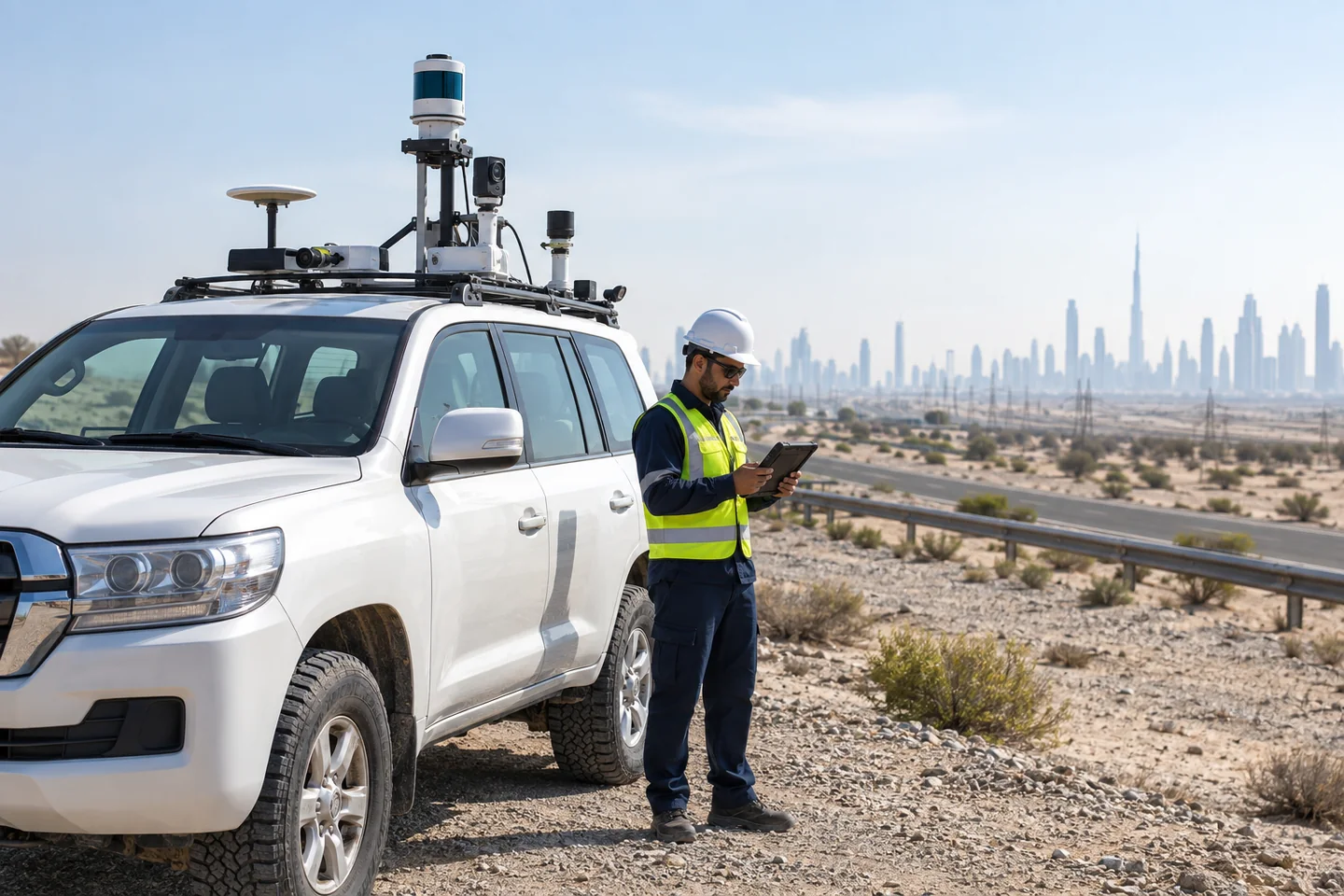 Environmental technician operating a sensor-equipped four-wheel-drive mobile survey vehicle