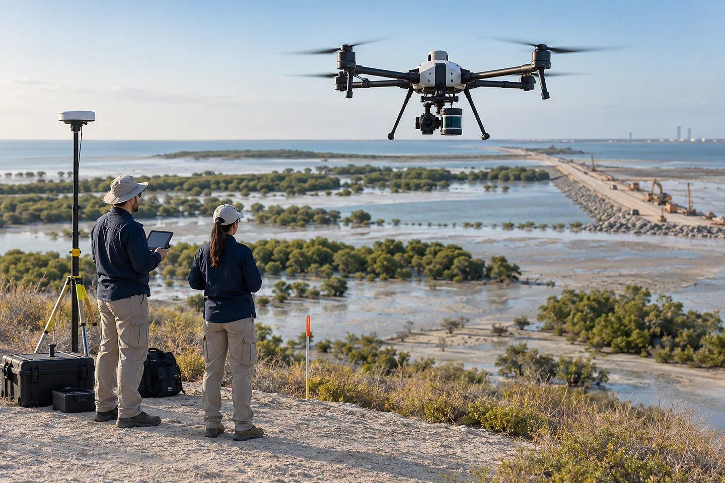 Environmental survey team operating a mapping drone above a coastal wetland