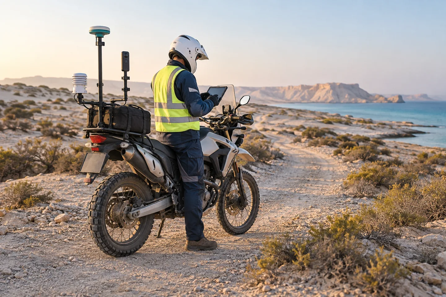 Environmental surveyor using a sensor-equipped motorbike on a narrow coastal track
