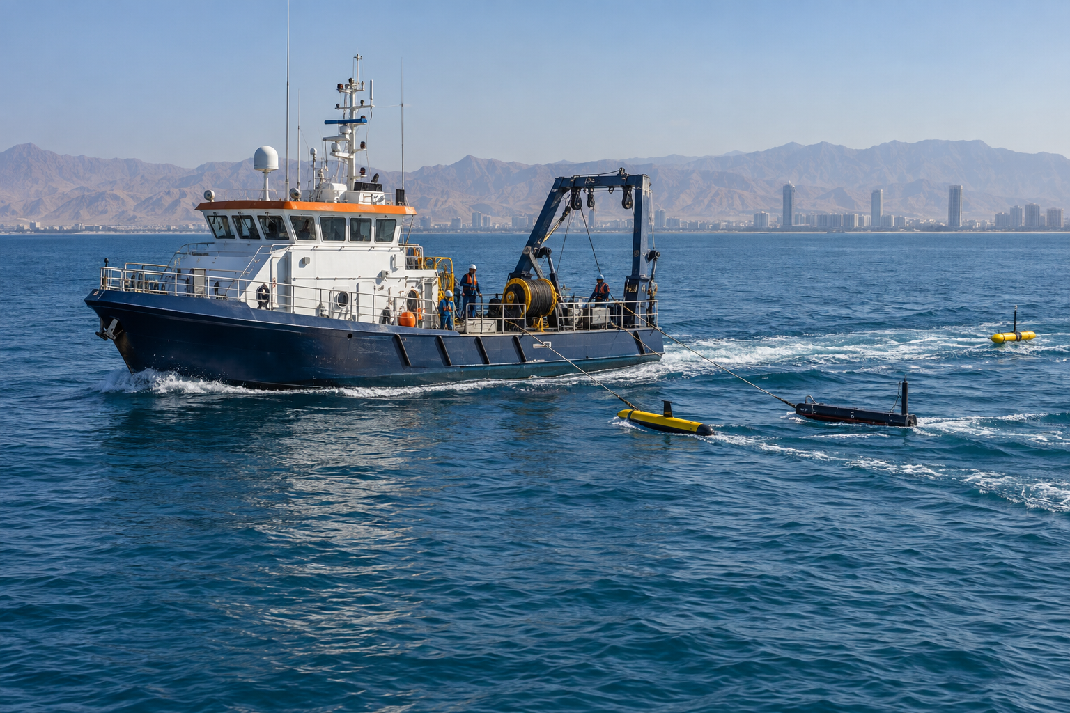 AI-generated illustration of a crewed geophysical survey boat deploying marine sensors