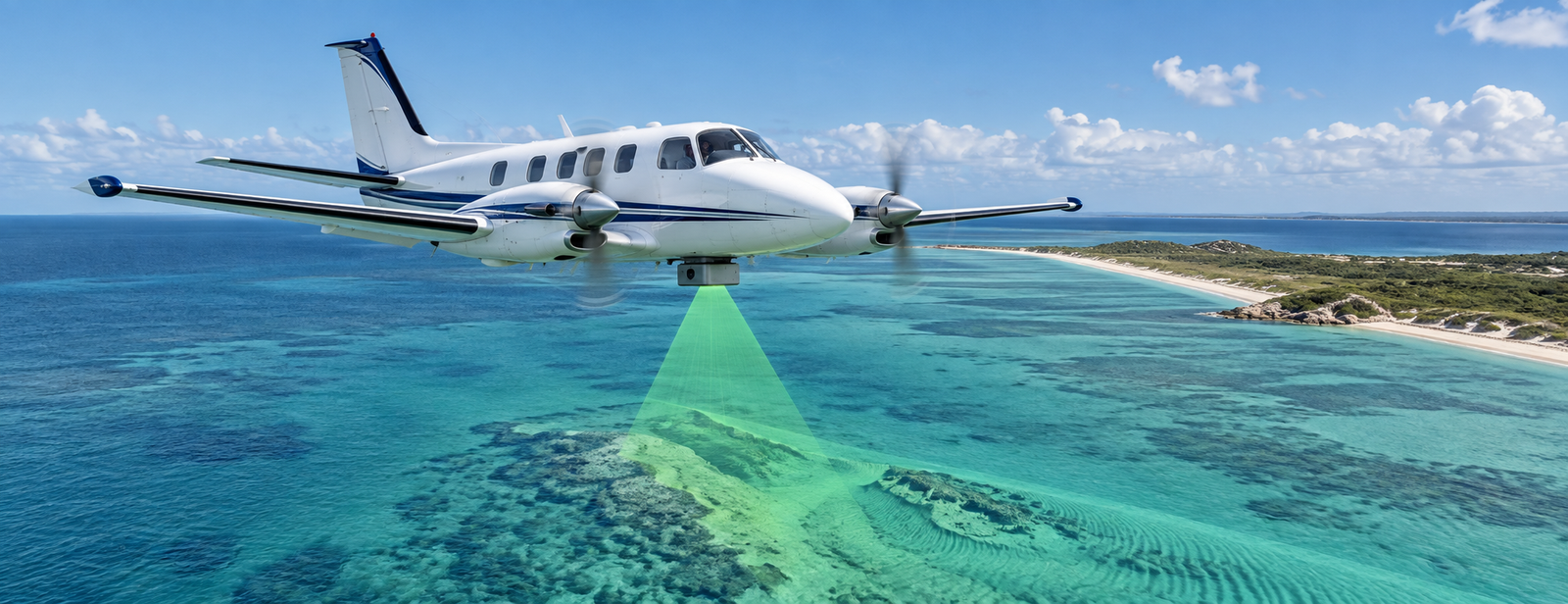 AI-generated illustration of a survey aircraft scanning shallow coastal water with bathymetric LiDAR