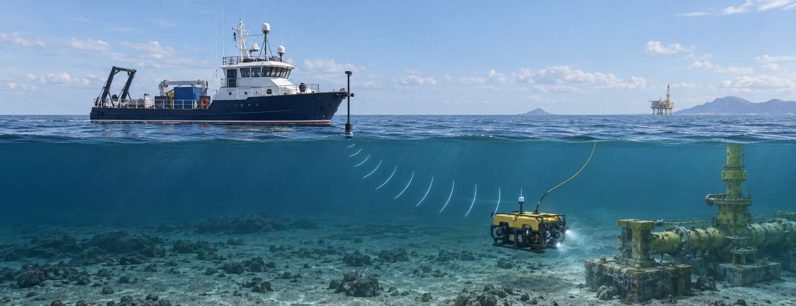 AI-generated illustration of surface GNSS and acoustic positioning for a subsea ROV