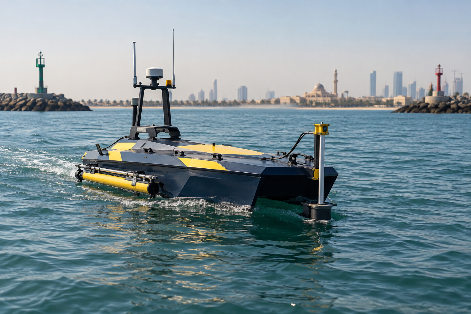 AI-generated illustration of an uncrewed surface vessel surveying coastal water
