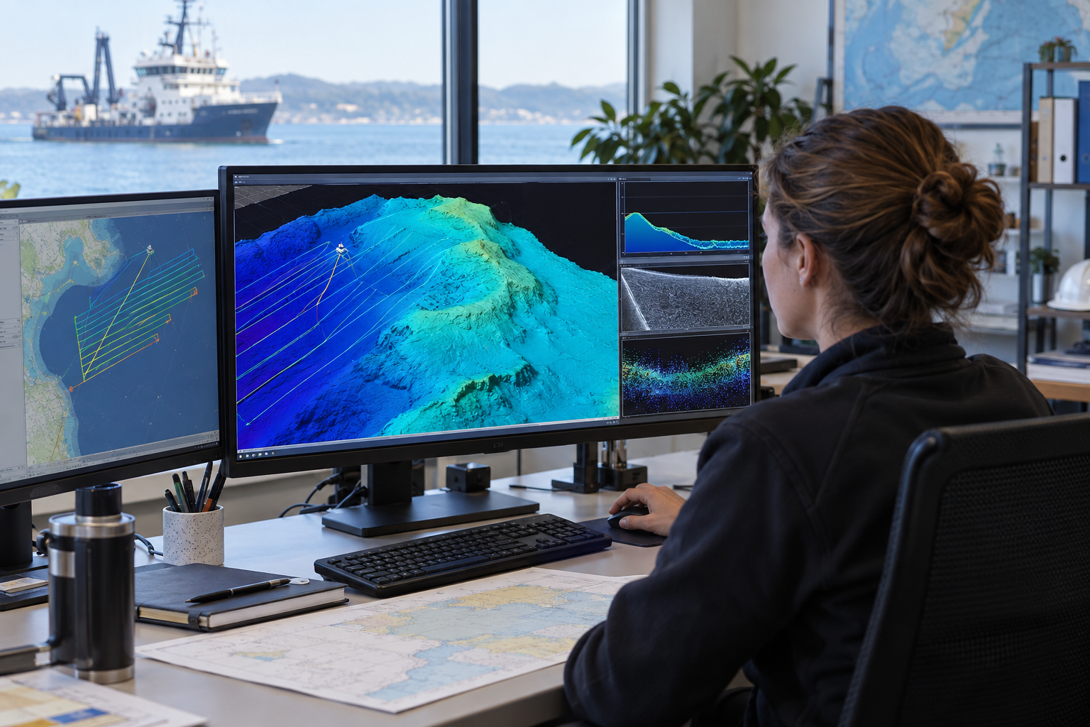 AI-generated illustration of an analyst processing multibeam bathymetry