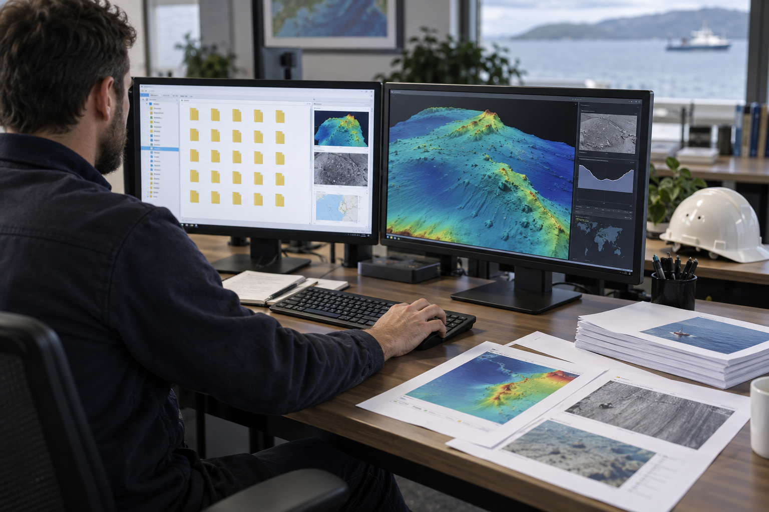 AI-generated illustration of an analyst preparing digital marine survey deliverables