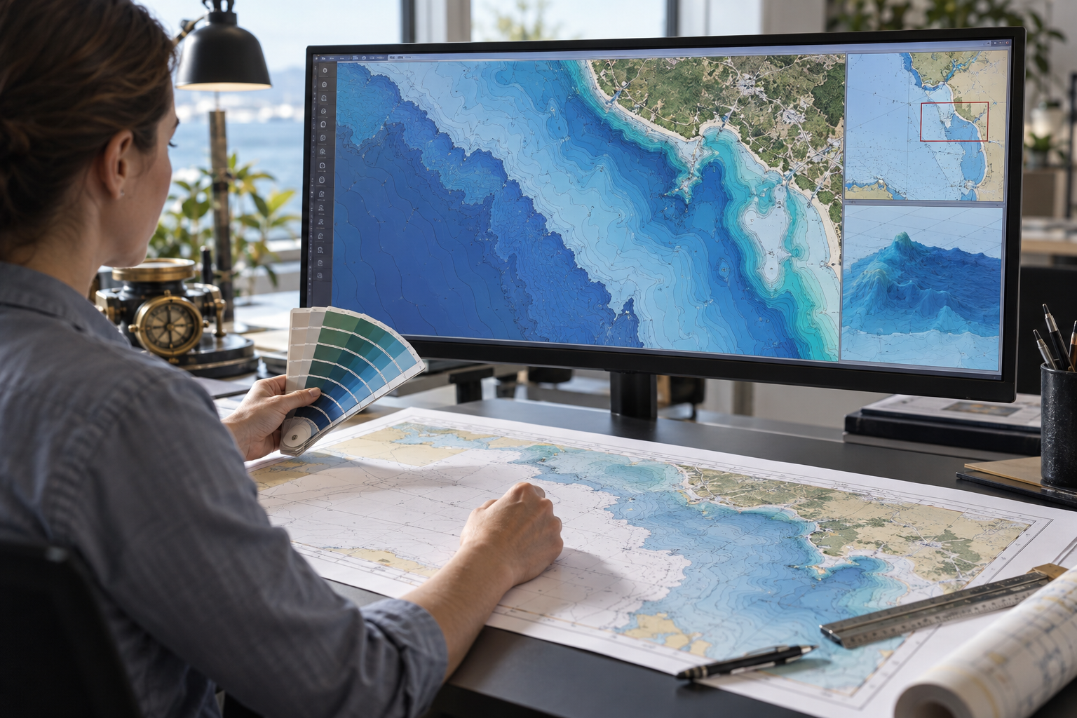 AI-generated illustration of a cartographer preparing coastal GIS maps and charts