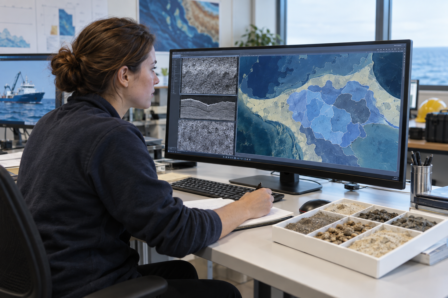 AI-generated illustration of seabed classification using acoustic maps and samples