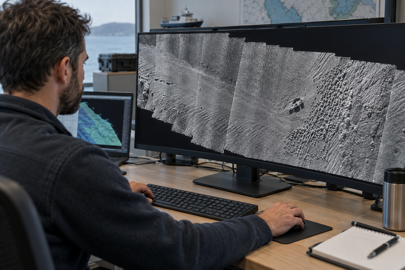 AI-generated illustration of a specialist reviewing a side-scan sonar mosaic