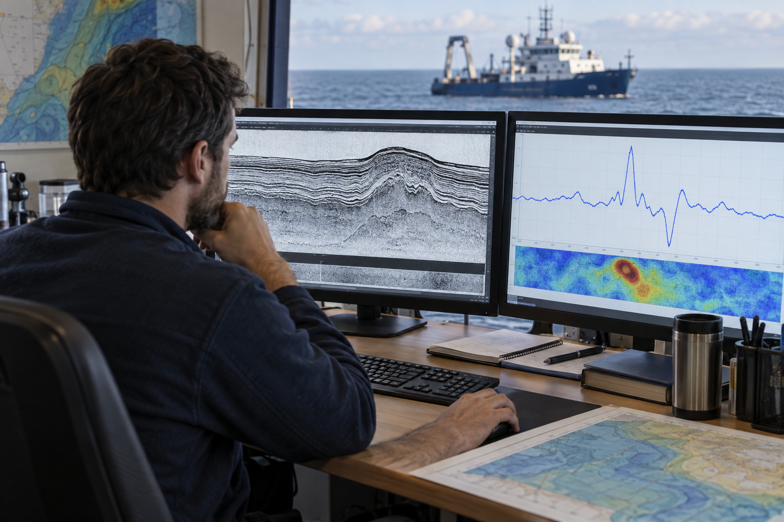 AI-generated illustration of sub-bottom profiles and magnetometer traces