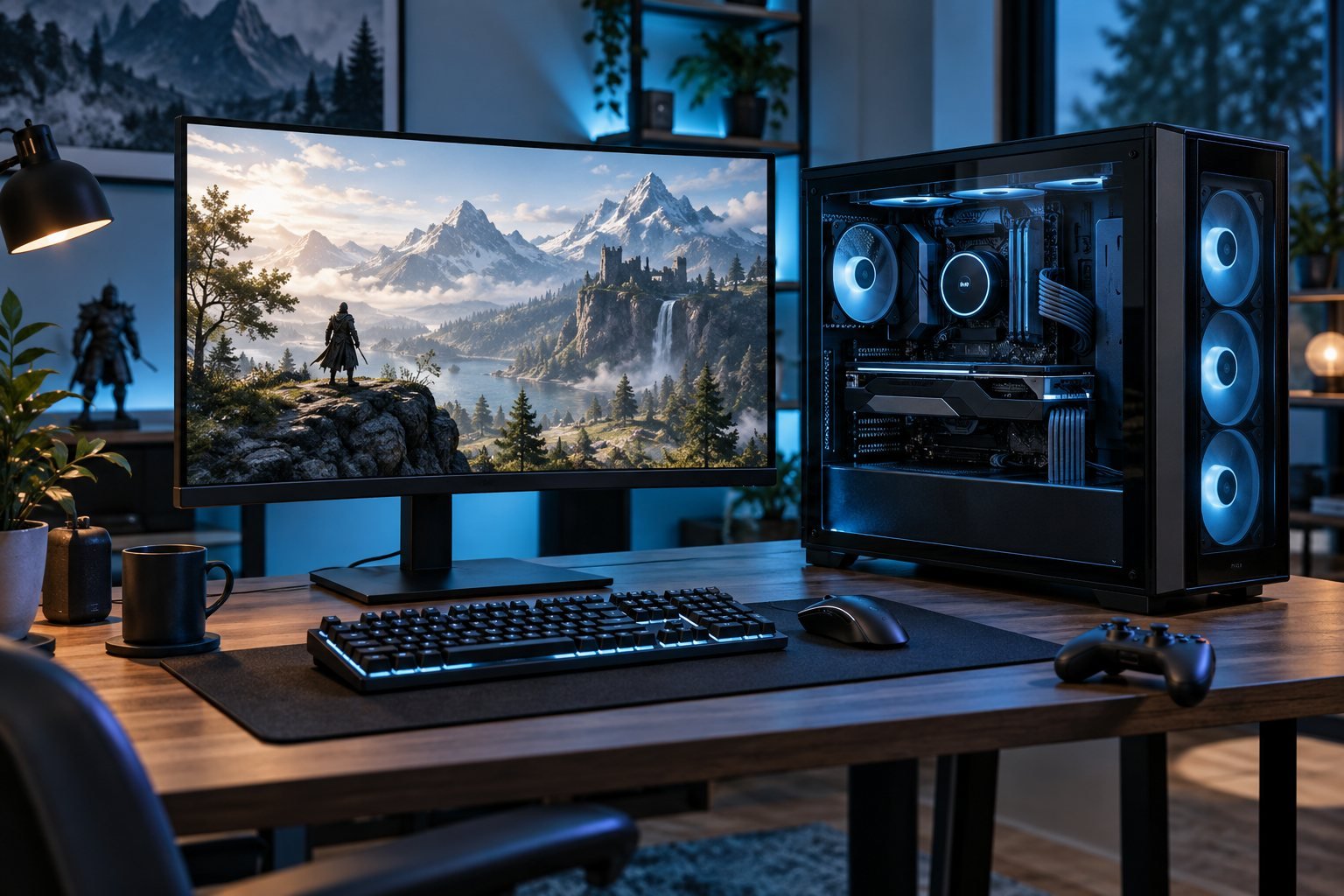 Illustration of a gaming computer with visible graphics hardware