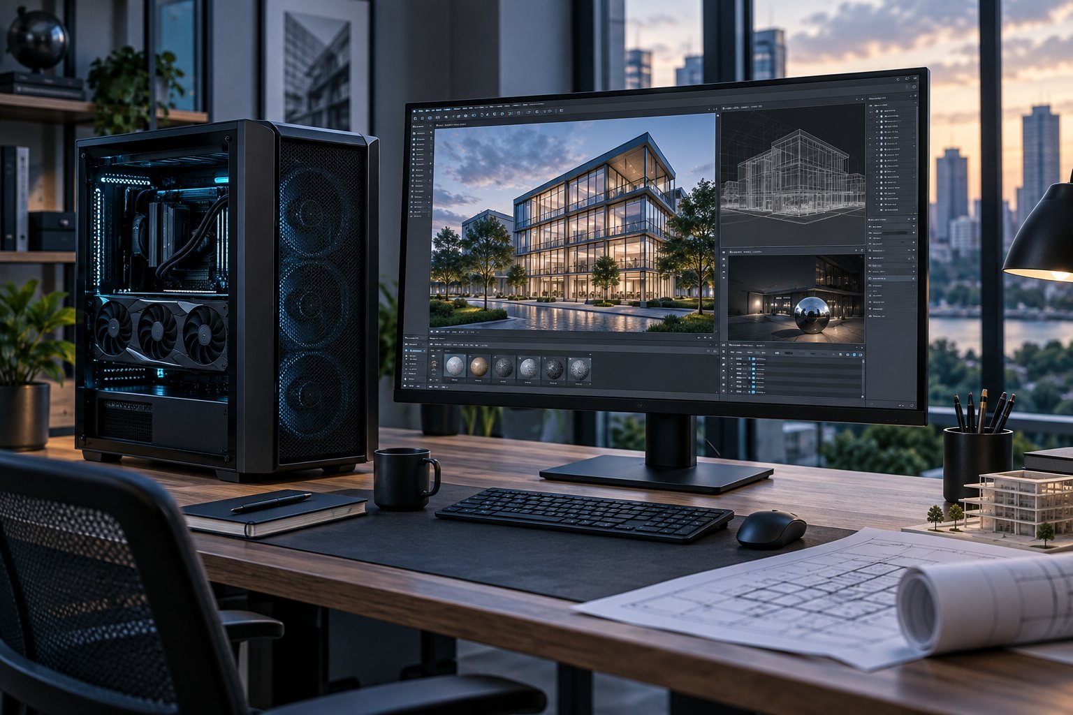 Illustration of a graphics workstation rendering an architectural model