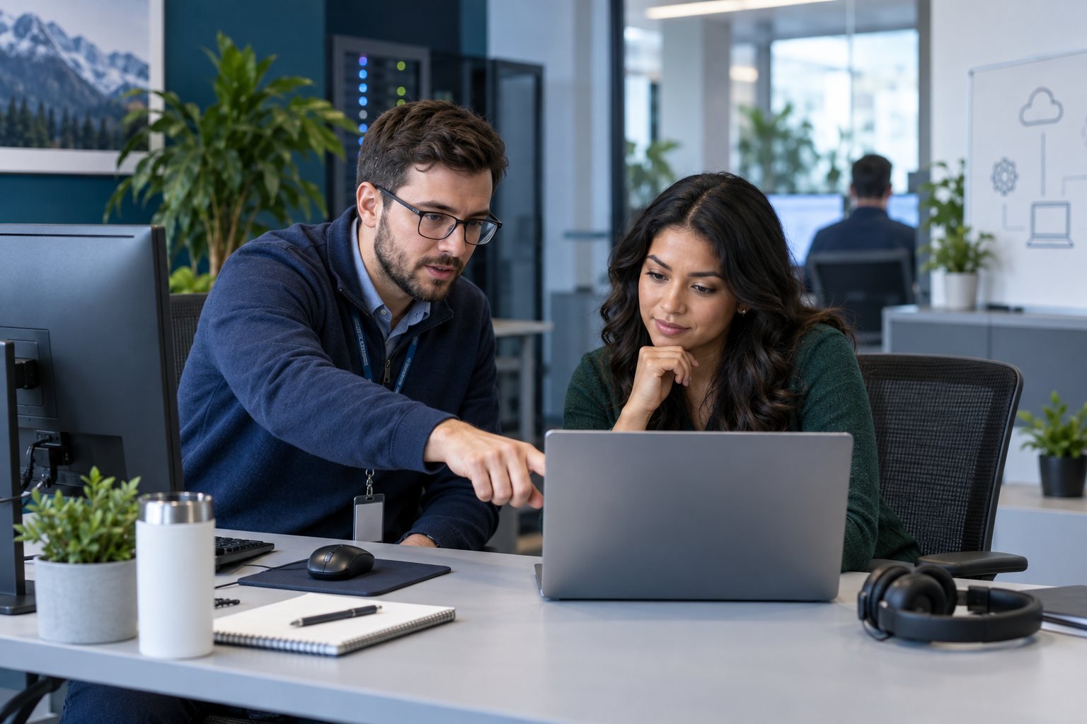 Illustration of an IT specialist helping a colleague troubleshoot a laptop