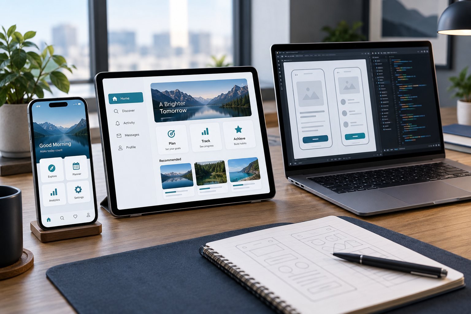 Illustration of mobile application interfaces across phone, tablet and laptop