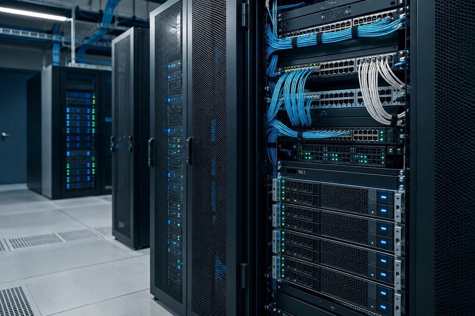 Illustration of structured cabling, switches and server racks