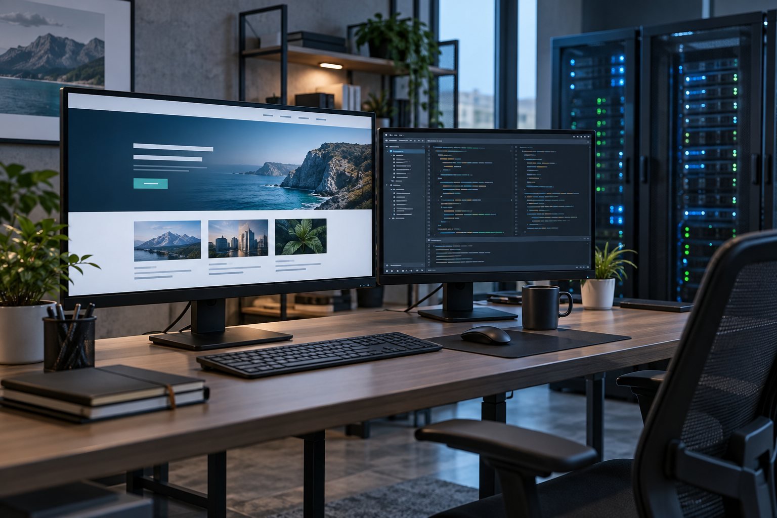 Illustration of responsive website development and hosting infrastructure