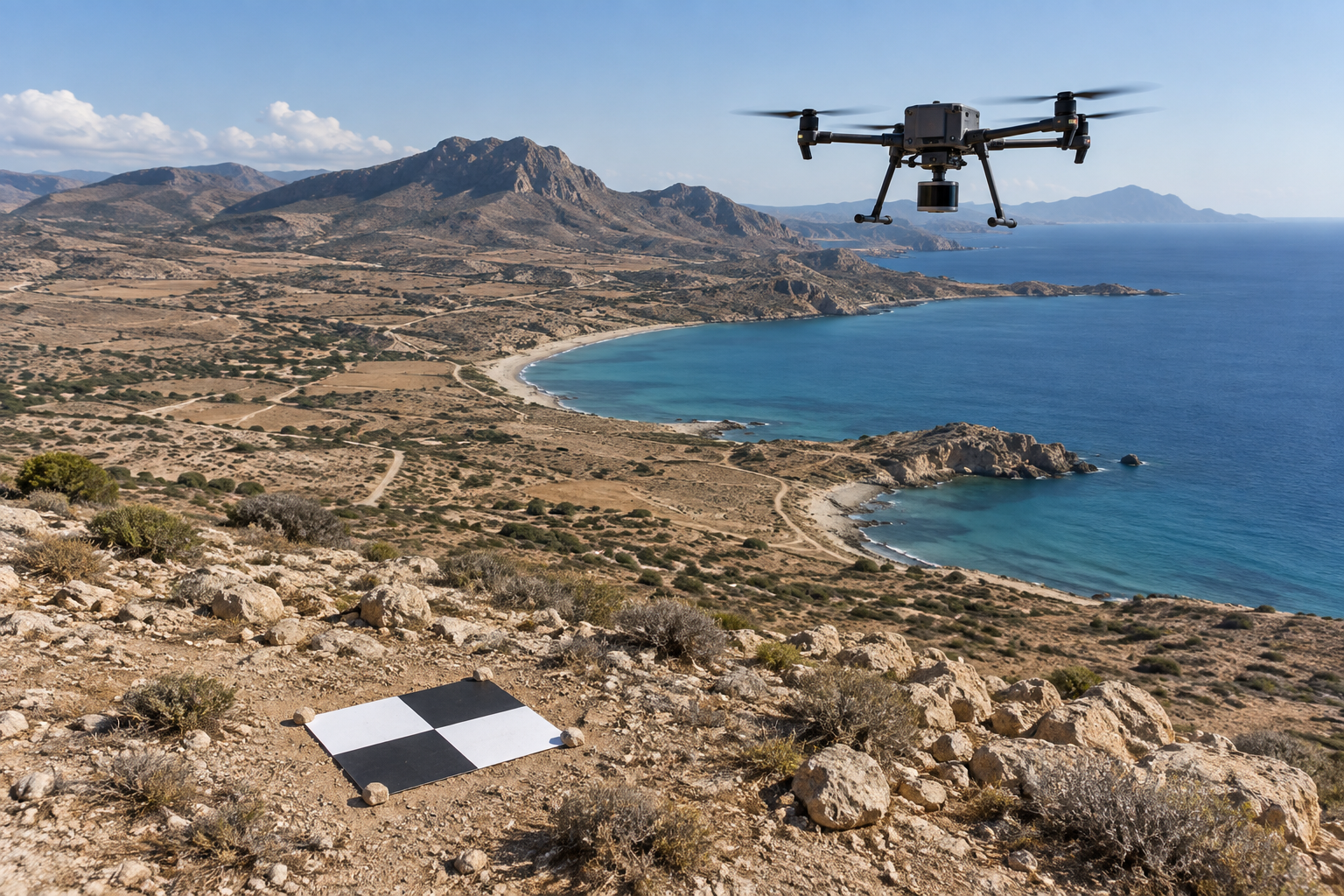 AI-generated illustration of a mapping drone over coastal terrain with a ground-control target