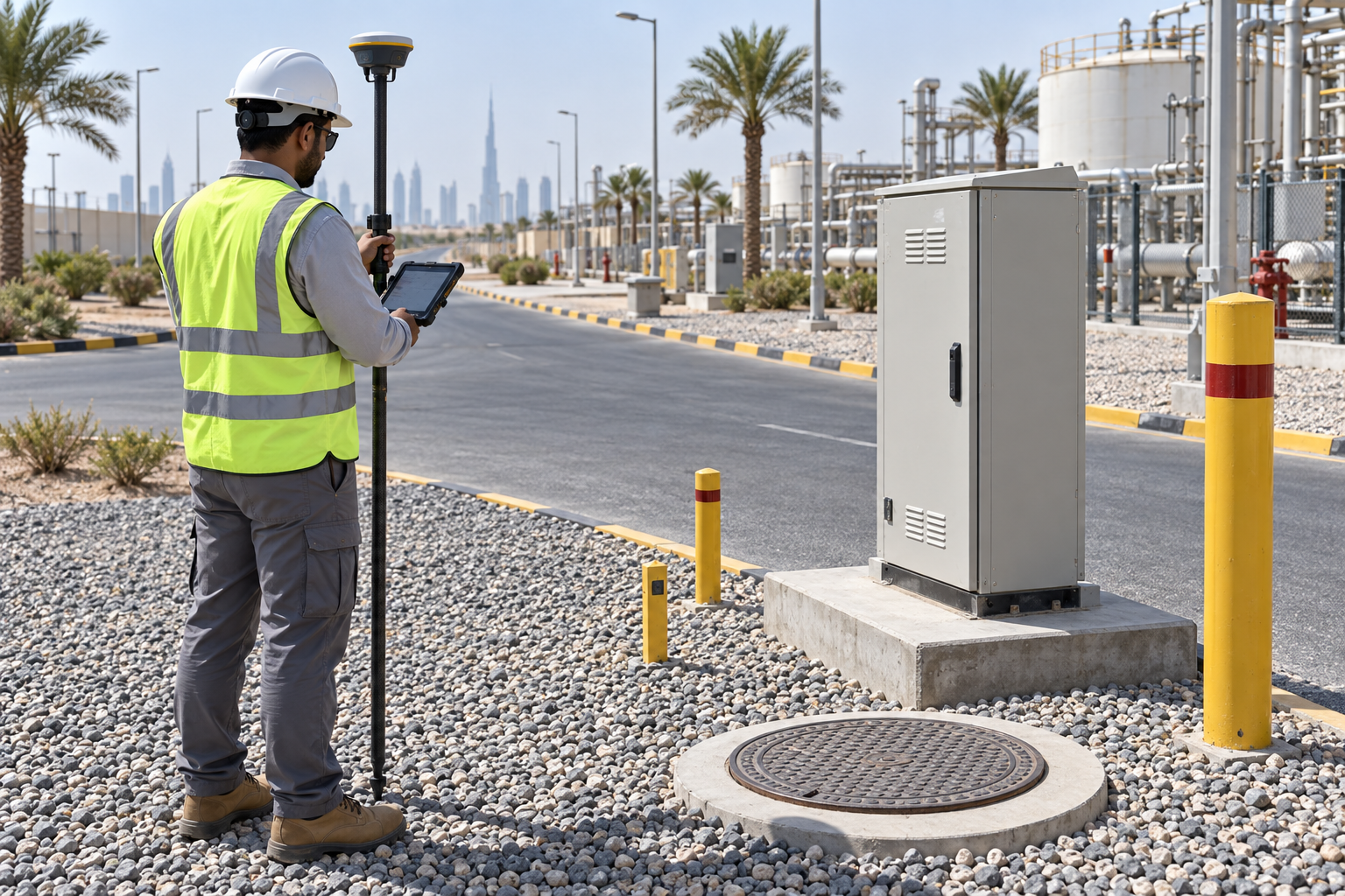 AI-generated illustration of a surveyor recording industrial land assets using GNSS and a tablet