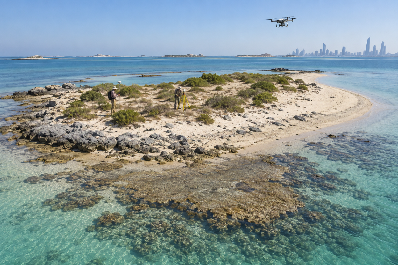 AI-generated illustration of an island survey using GNSS and aerial mapping