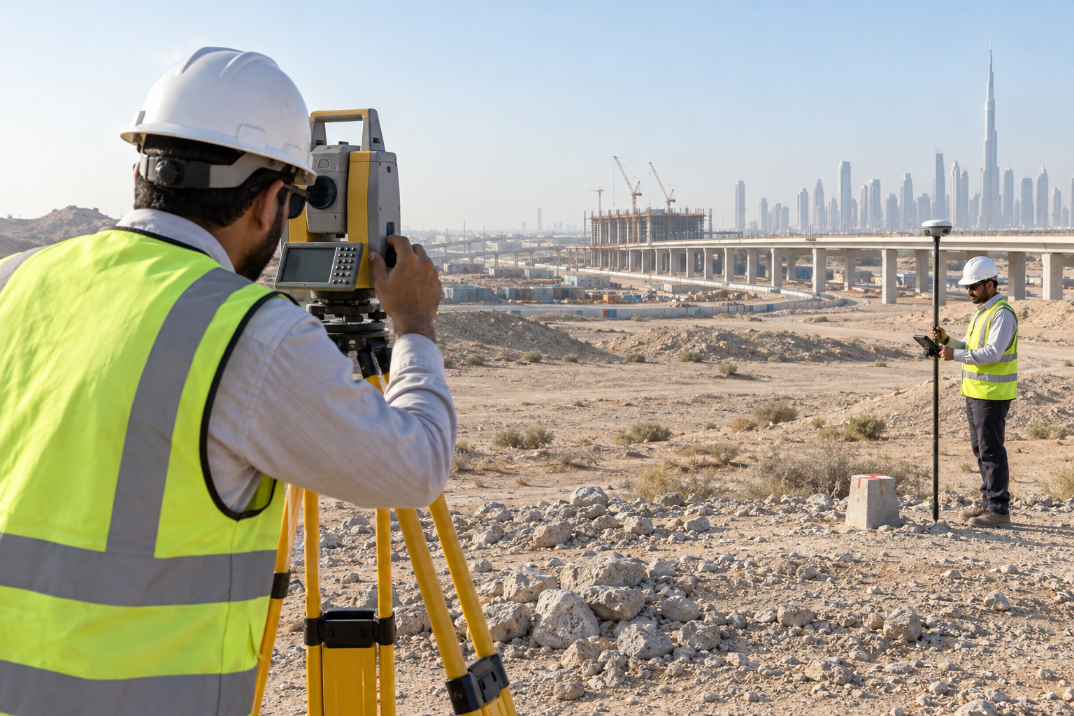AI-generated illustration of land surveyors using a total station and GNSS rover