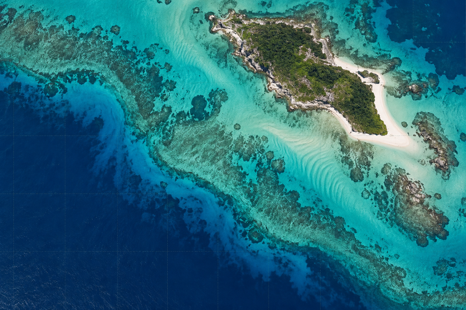 AI-generated satellite-style view of shallow coastal water around an island