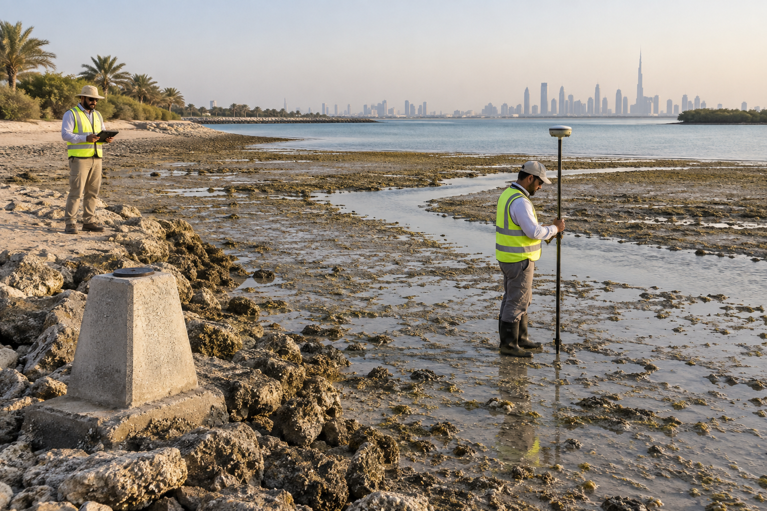 AI-generated illustration of a GNSS survey on an exposed foreshore at low tide